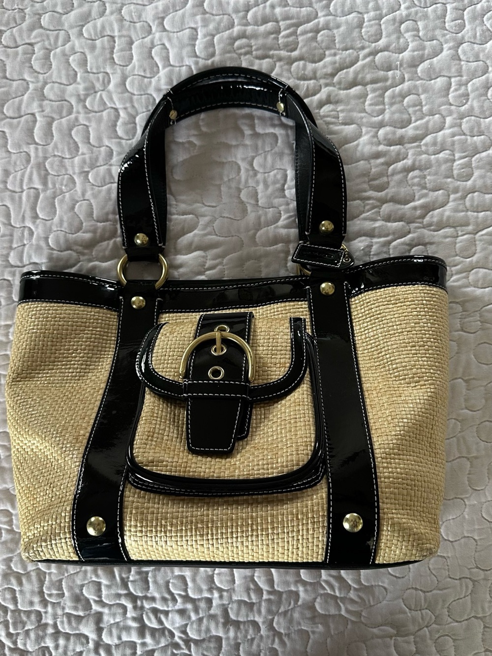 Coach Straw Tote with Black Patent Trim and Gold Hardware Accent